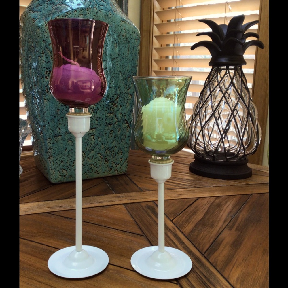 Vintage Burgundy and Green glass tea lights and candlesticks-set of 2.